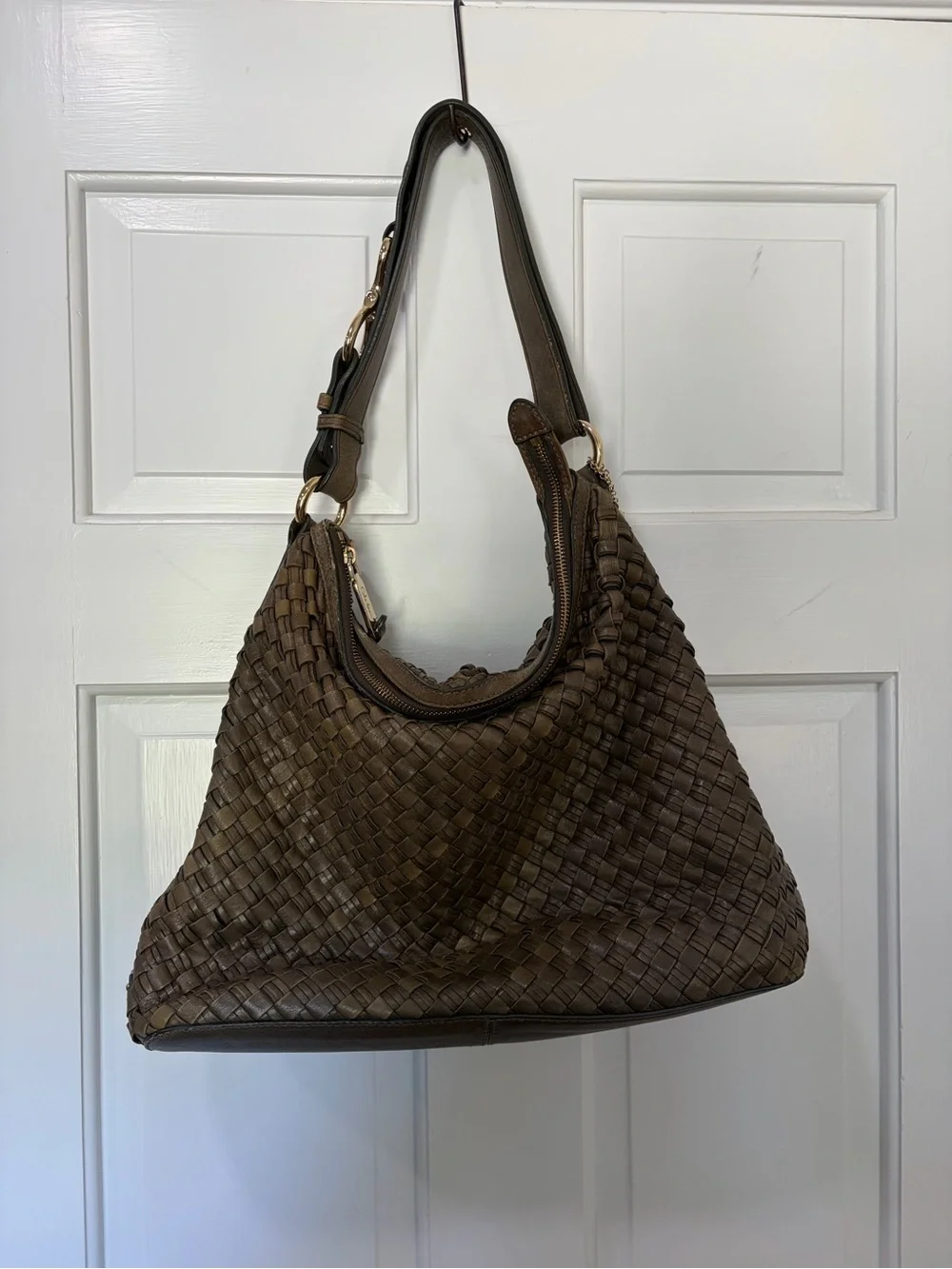 Cole Haan Avery Heritage Army Green Woven Leather Shoulder Bag Hobo -